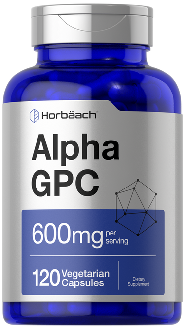 View 1 Horbaach Alpha GPC supplement bottle with blue and silver design