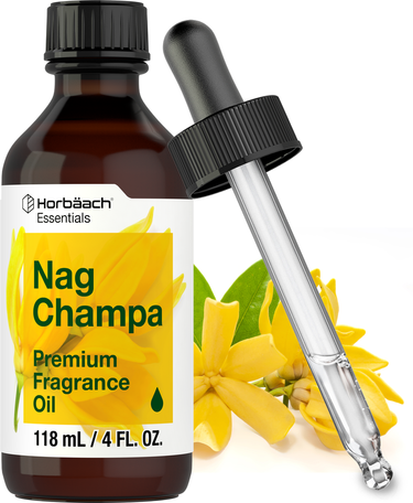 Nag Champa fragrance oil bottle with dropper and yellow flowers on a white background