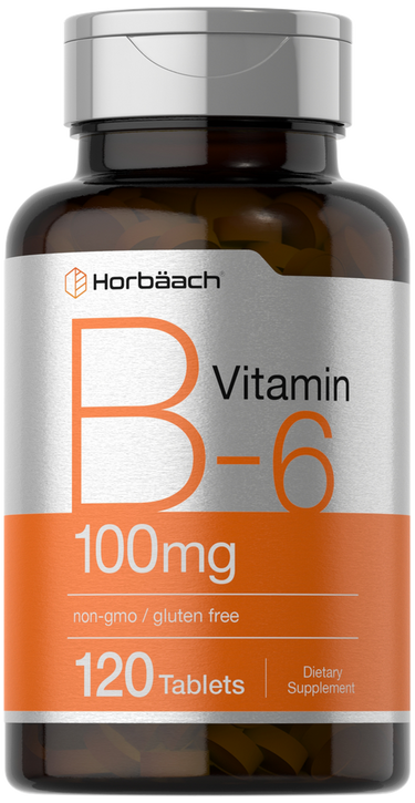 View 1 Horbaach Vitamin B-6 100mg supplement bottle with orange and white label.