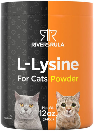 View 1 River & Rula L-Lysine for cats powder container with cat faces on a black and orange background