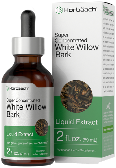 Packaging for Horbaach Super Concentrated White Willow Bark Liquid Extract, showing the bottle and box with branding and product information.