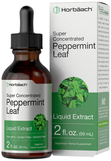 View 1 Horbaach peppermint leaf liquid extract bottle and box on a white background