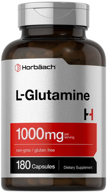 View 1 Horbaach L-Glutamine supplement bottle with label on a white background