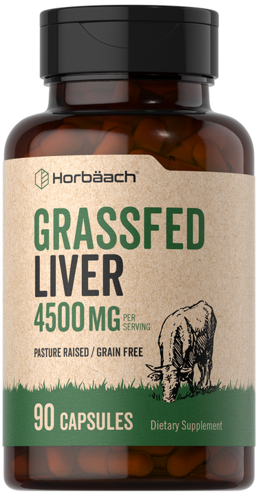Horbäach Grassfed Liver supplement bottle with label on a white background