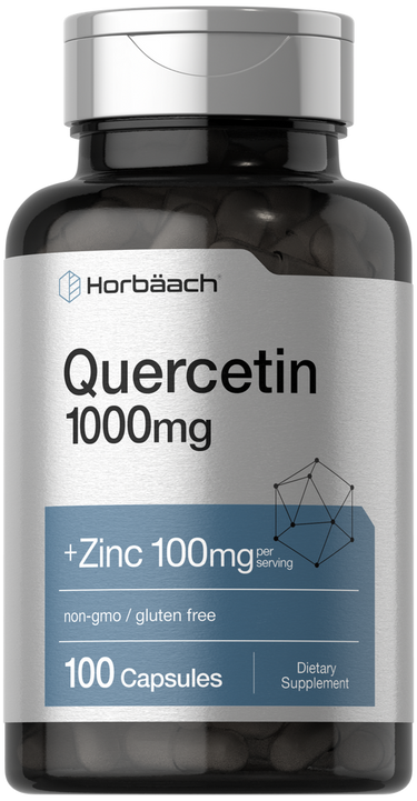 View 1 Supplement bottle labeled 'Quercetin 1000mg + Zinc 100mg' by Horbaach on a white background.