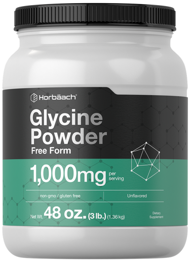 Jar of glycine powder with a black lid and label on a white background