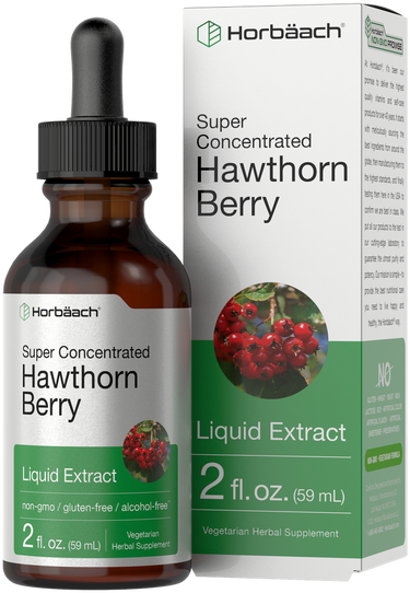 View 1 Horbaach Hawthorn Berry liquid extract bottle and packaging on a white background