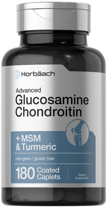 Bottle of Horbaach Advanced Glucosamine Chondroitin with MSM & Turmeric supplement on a white background