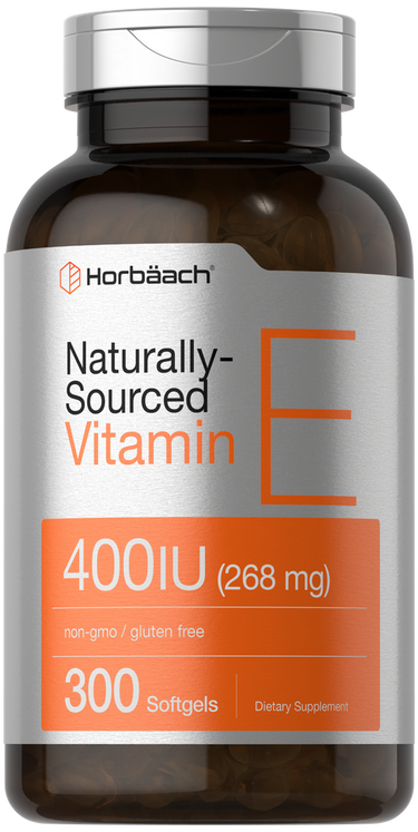 Horbaach Naturally-Sourced Vitamin E supplement bottle on a white background