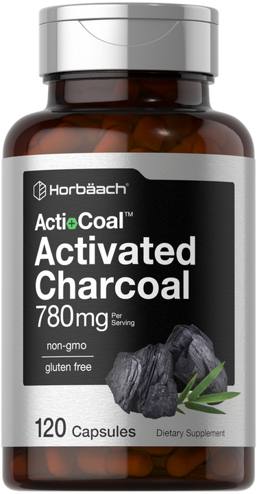 View 1 Bottle of Horbaach Activated Charcoal capsules with a silver cap on a white background
