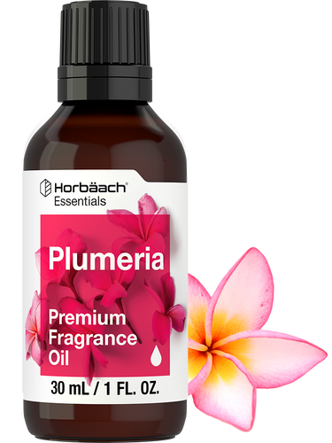 View 1 Horbaach Plumeria fragrance oil bottle with a pink flower on a white background