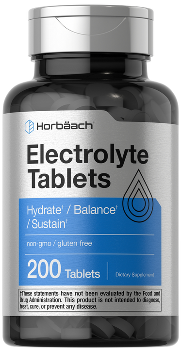 View 1 Horbaach Electrolyte Tablets packaging with label on a black background