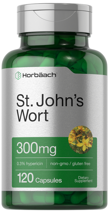 View 1 Green supplement bottle of St. John's Wort with silver cap on a white background