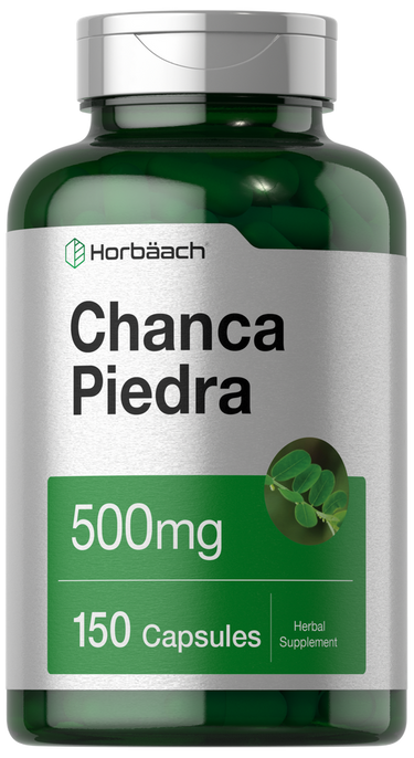 View 1 Green supplement bottle labeled 'Chanca Piedra' with Horbaach branding on a white background