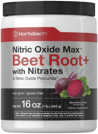 Horbaach Nitric Oxide Max Beet Root+ supplement container with beet root illustration on a white background
