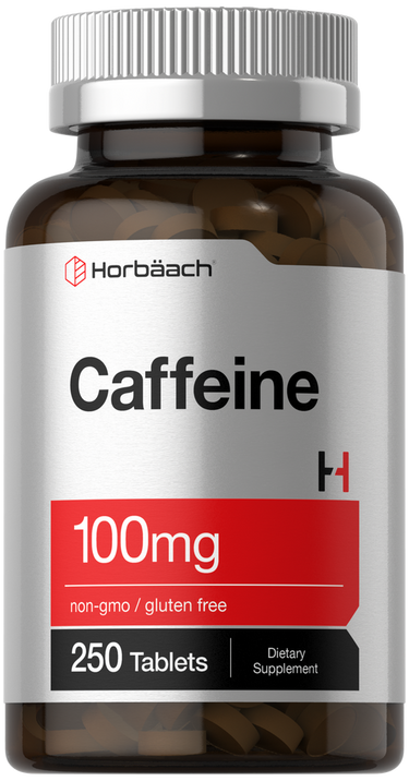 Bottle of Horbaach caffeine supplement with 100mg content on a white background