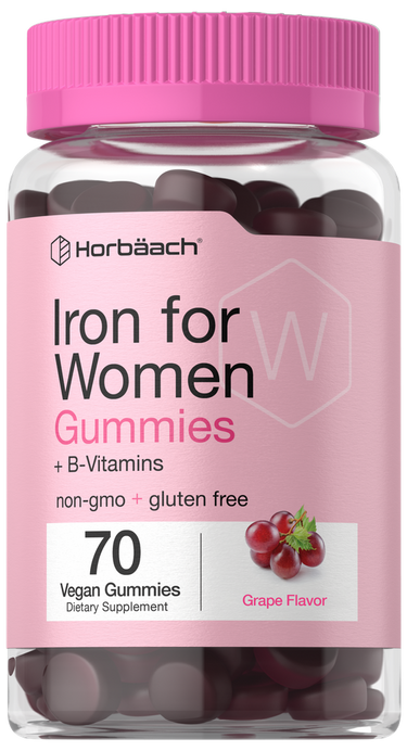 View 1 Bottle of Horbaach Iron for Women Gummies with pink cap and label.