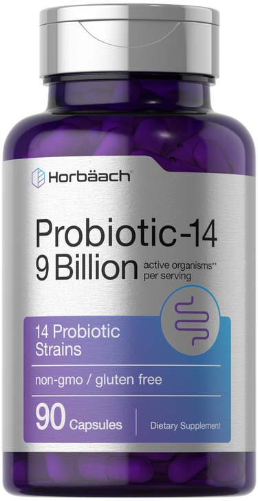 View 1 Purple supplement bottle labeled 'Probiotic-14' with Horbaach branding on a white background.