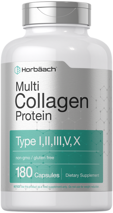 Multicollagen protein supplement bottle with 'Horbäach' branding on a white background
