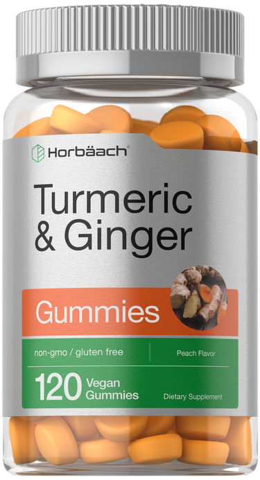 View 1 Jar of Horbaach Turmeric & Ginger Gummies with orange gummies inside