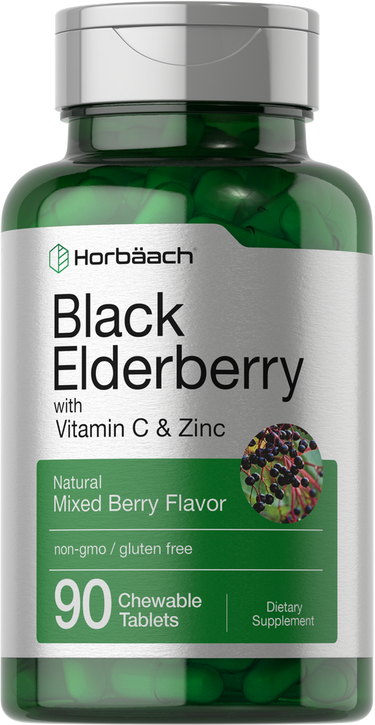 View 1 Horbaach Black Elderberry supplement bottle with green label on a white background