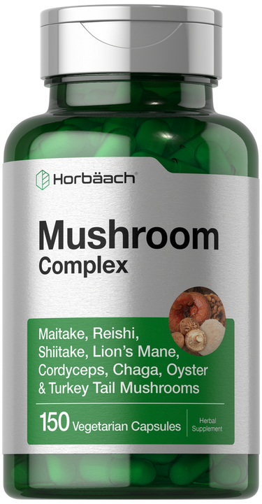 View 1 Bottle of Horbaach Mushroom Complex supplement on a white background