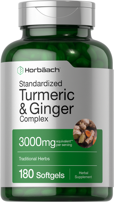 Green supplement bottle labeled 'Horbach Standardized Turmeric & Ginger Complex' on a white background