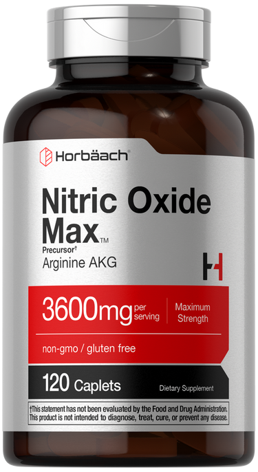 View 1 Supplement bottle labeled 'Nitric Oxide Max' by Horbaach on a white background