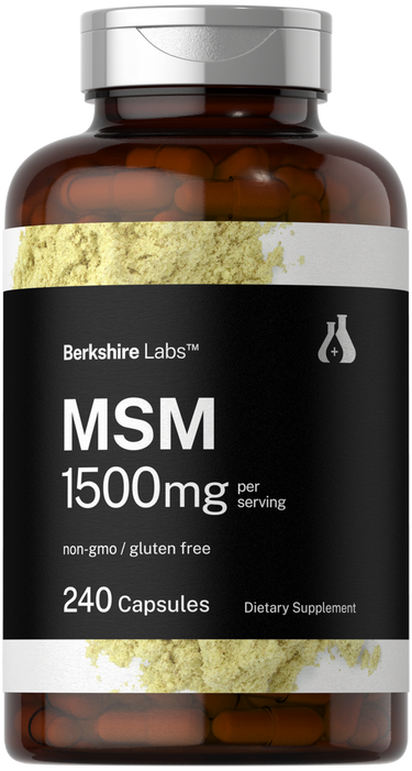 Bottle of Berkshire Labs MSM supplement with a black label showing 1500mg per serving and 240 capsules.