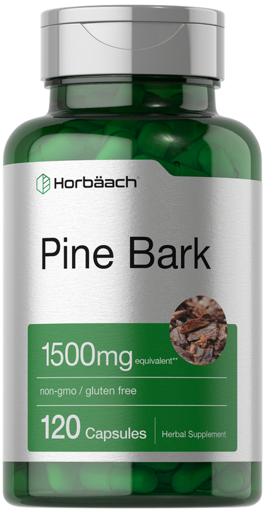Bottle of Horbaach Pine Bark Extract with 120 capsules, labeled as non-GMO and gluten-free.