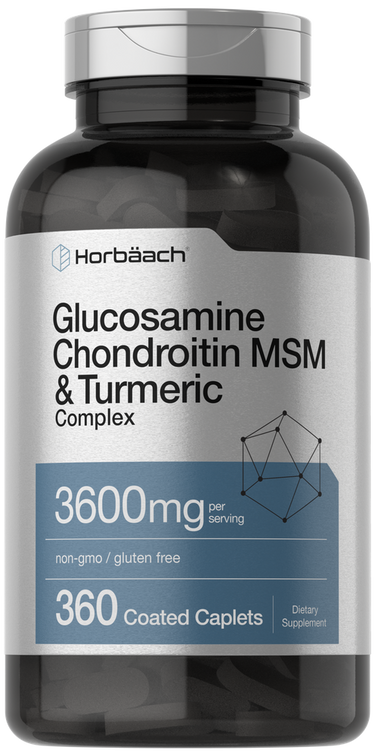 Supplement bottle labeled 'Horbaach Glucosamine Chondroitin MSM & Turmeric Complex' on a black background
