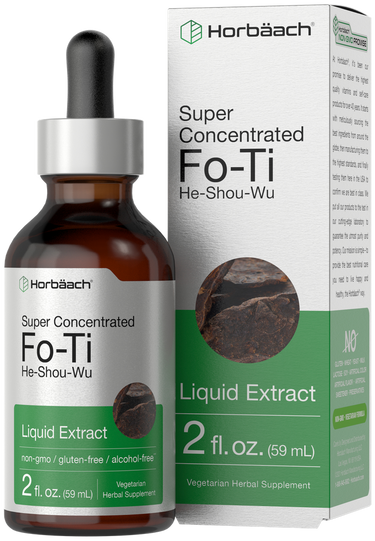 View 1 Horbaach Fo-Ti He-Shou-Wu liquid extract bottle and packaging on a white background