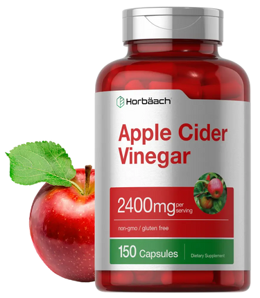 Bottle of Horbaach Apple Cider Vinegar capsules with an apple on a white background