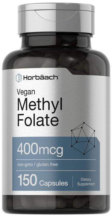 Vegan Methyl Folate supplement bottle with label on a white background