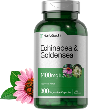 View 1 Green supplement bottle labeled 'Echinacea & Goldenseal' by Horbaach with a pink flower and green leaves on a white background.
