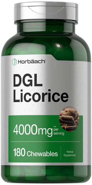 Green supplement bottle labeled 'DGL Licorice' with Horbaach branding on a white background