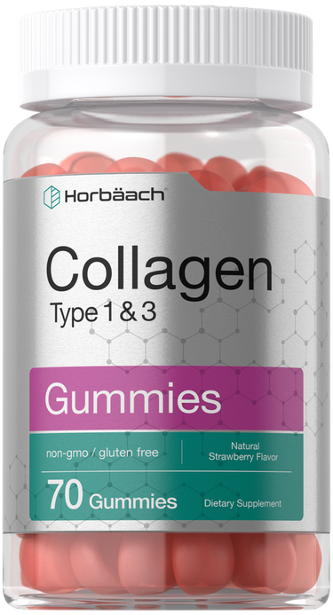 Bottle of Horbaach Collagen Type 1 & 3 Gummies with pink gummies inside.