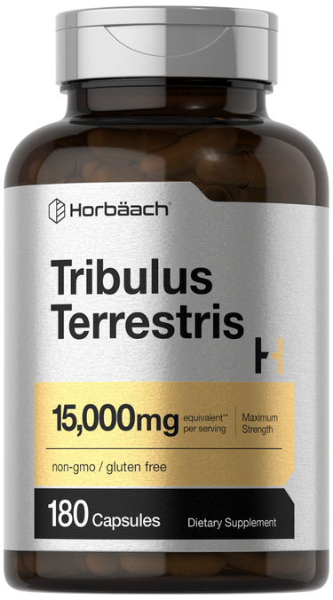 Supplement bottle labeled 'Tribulus Terrestris' with Harbäach branding on a white background