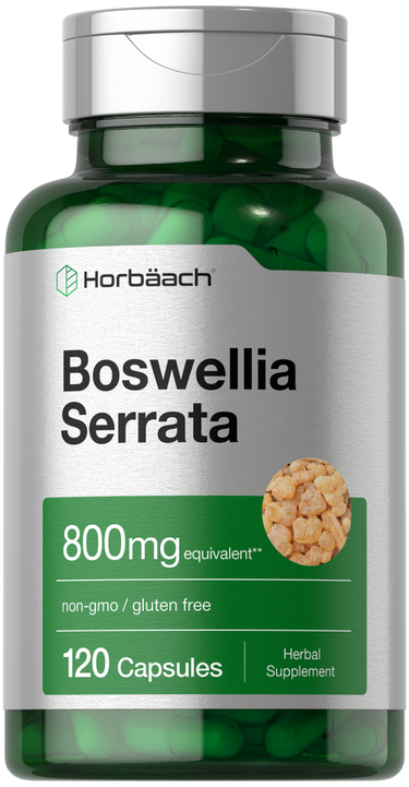 Bottle of Boswellia Serrata capsules with green and silver label