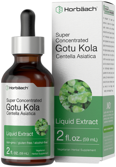 View 1 Horbaach Gotu Kola liquid extract bottle and packaging on a white background