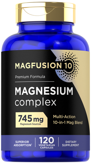 View 1 Blue supplement bottle labeled 'Magfusion 10 Magnesium complex' on a white background