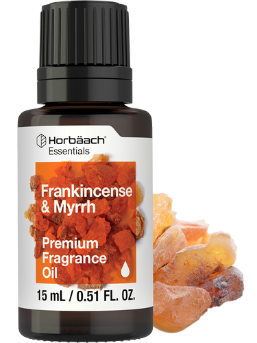 Bottle of Horbaach Frankincense & Myrrh fragrance oil on a white background