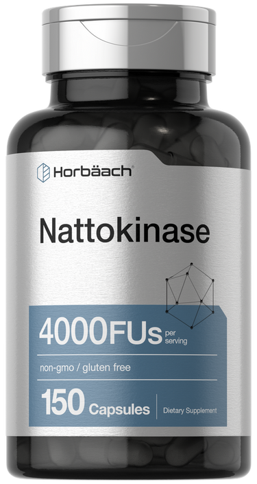 Supplement bottle labeled 'Nattokinase' with Horbaach branding on a white background