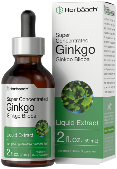 View 1 Horbaach Ginkgo Biloba liquid extract bottle and packaging on a white background