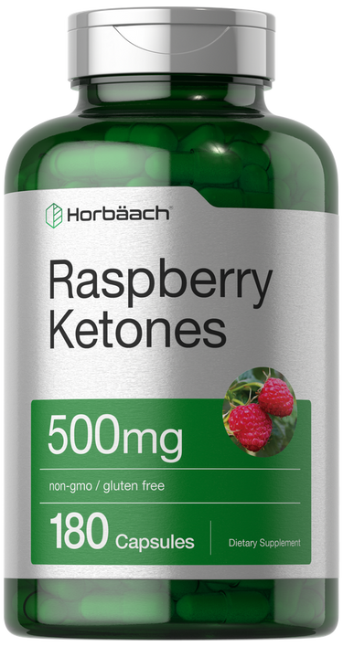 Bottle of Horbaach Raspberry Ketones supplement with green label and silver cap.