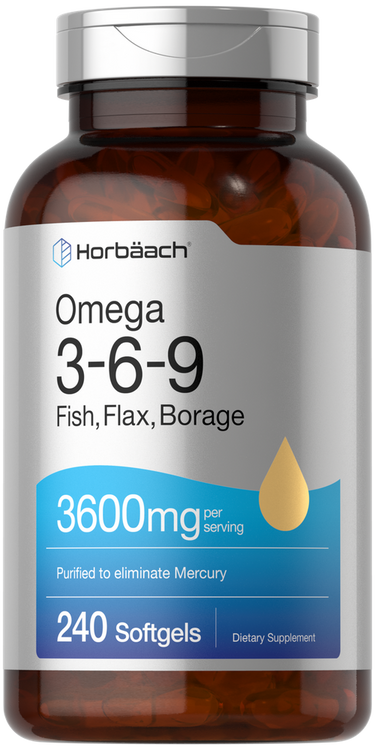 Omega 3-6-9 supplement bottle with Horbaach branding on a white background