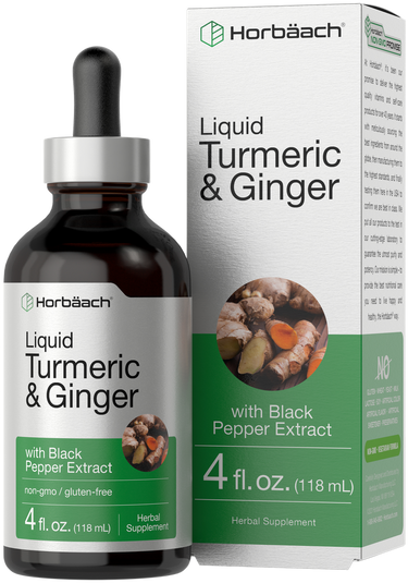 Horbaach Liquid Turmeric & Ginger bottle and packaging on a white background