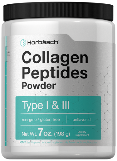 Container of Horbaach Collagen Peptides Powder with black lid and white body.