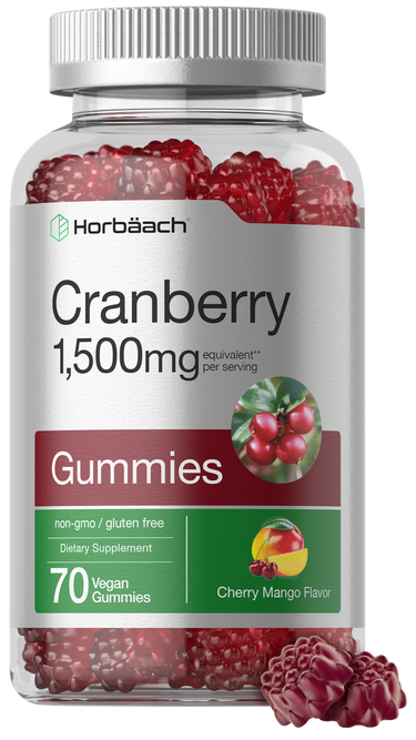 Horbaach Cranberry 1,500mg gummies bottle with red gummies inside on a white background