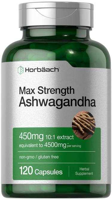 Horbaach Max Strength Ashwagandha supplement bottle on a white background